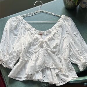 Free People White Eyelet Ruffle Peplum Blouse